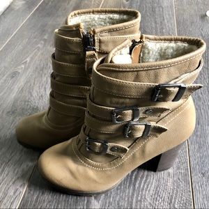 Tan heeled booties with warm fuzzy lining